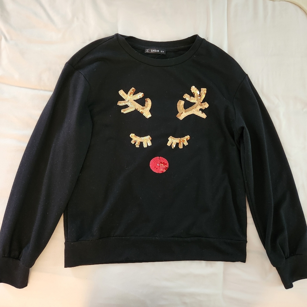 Black Sequin Christmas Rudolph Shirt XS